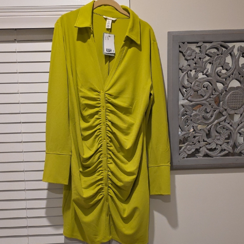 H&M Chartreuse Ruched Mini Dress